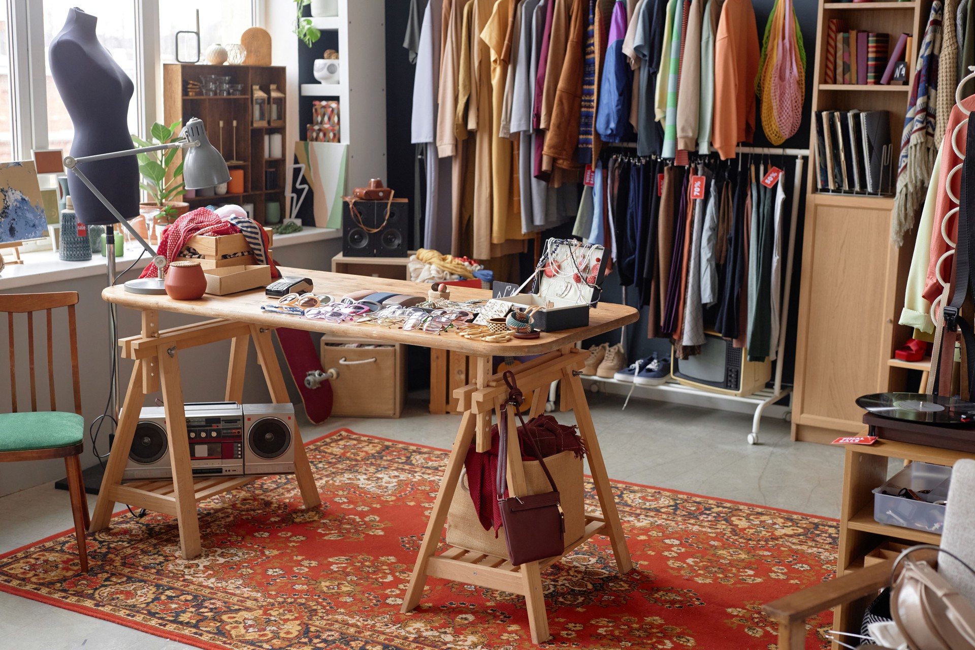 Clothes and Accessories Displayed on Table at Thrift Store